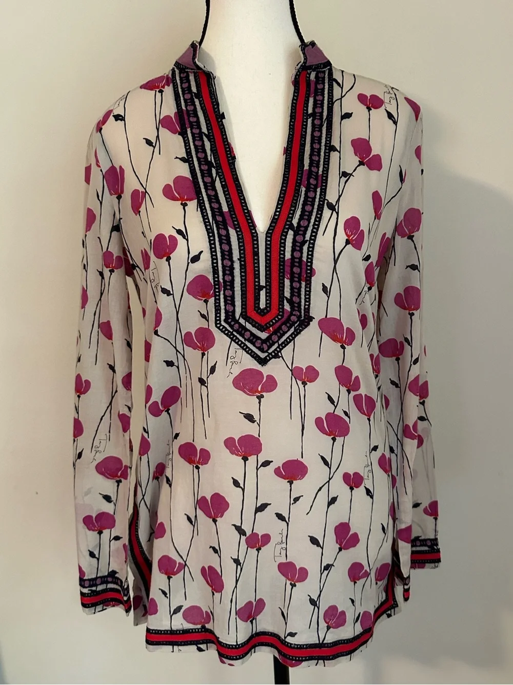 Tory Burch Pink Floral Embroidered V-Neck Tunic